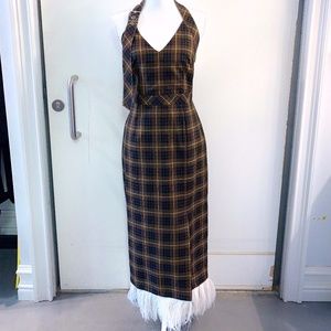 Plaid Halter Maxi Dress with Feather Trim (BRAND NEW!) Size 4